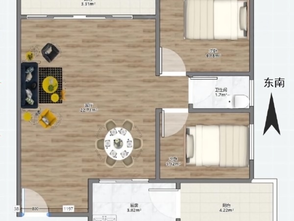 大信溢彩年华小区2室2厅1卫户型图2