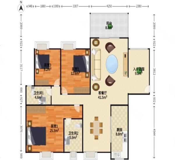 远洋城天骄小区3室2厅2卫户型图2