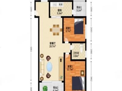 大信溢彩年华小区2室2厅1卫户型图2