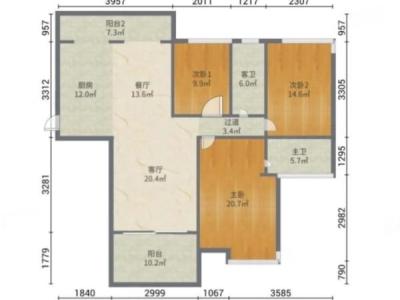 南湖山庄小区3室2厅2卫户型图1