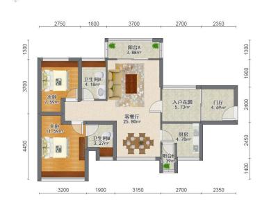 滨江一号小区2室2厅2卫户型图1