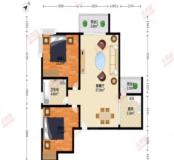 顺景蔷薇山庄小区2室2厅1卫户型图